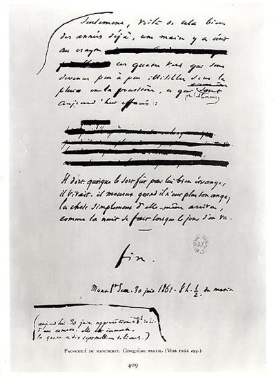 ... as Night Falls When the Day Goes Away. (end), Facsimile of the Last Page of the Manuscript Les Miserables by Victor Hugo, 30th June 1862 by French School